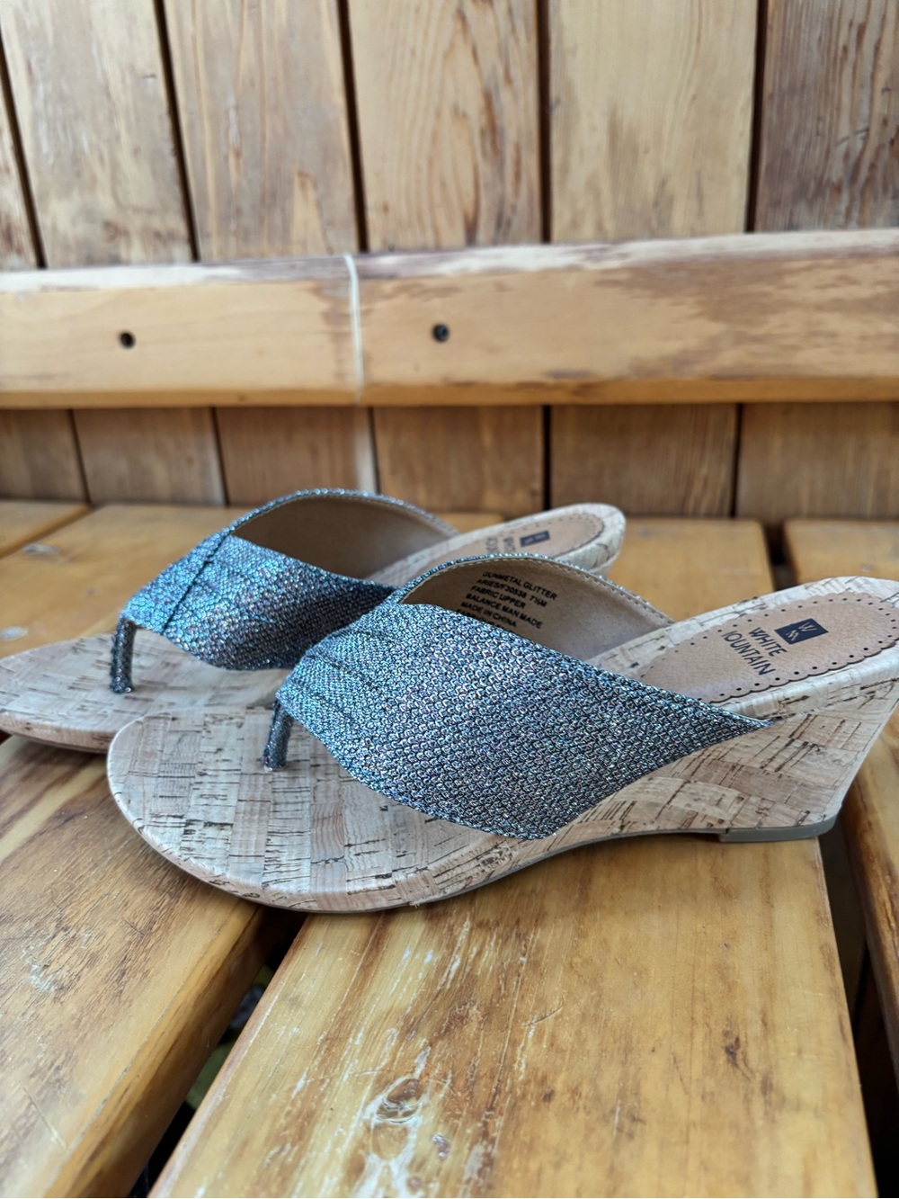 Gunmetal Glitter White Mountain Wedge Thong Sandals - Women